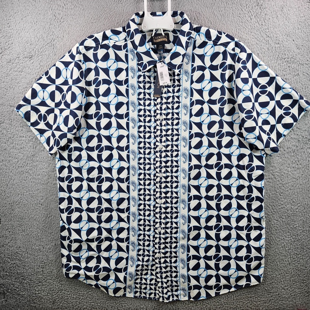 NEW Cremieux Casual Shirt Men 2XT Stretch Paisley Short Sleeve Nylon‎ Navy White